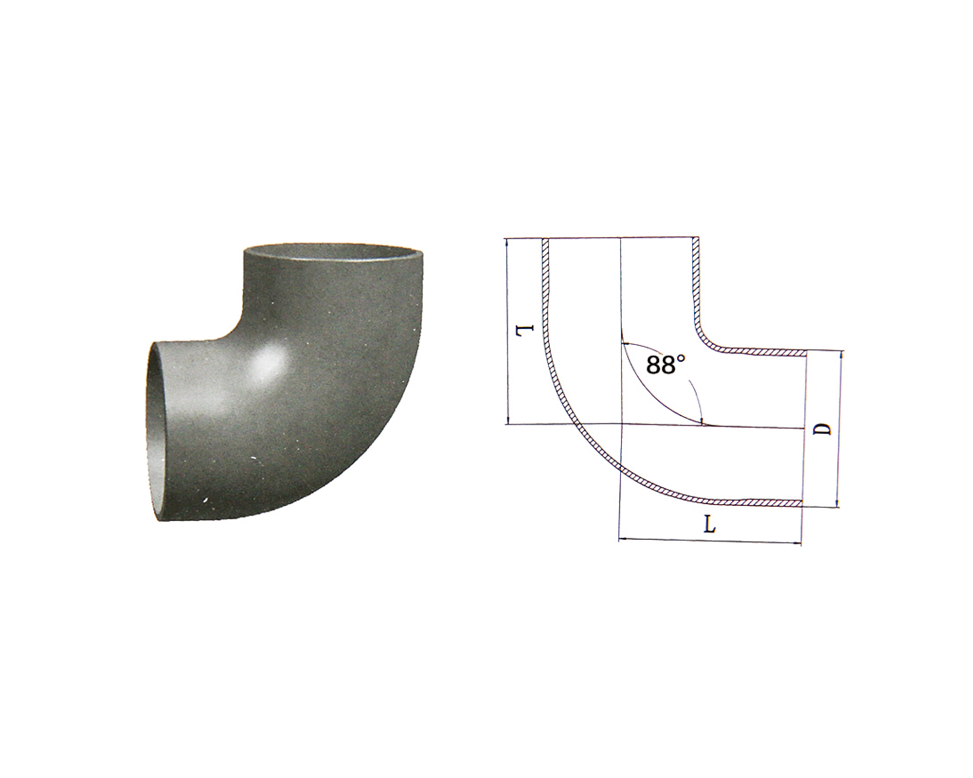 W1 88° Elbow product photograph and diagram
