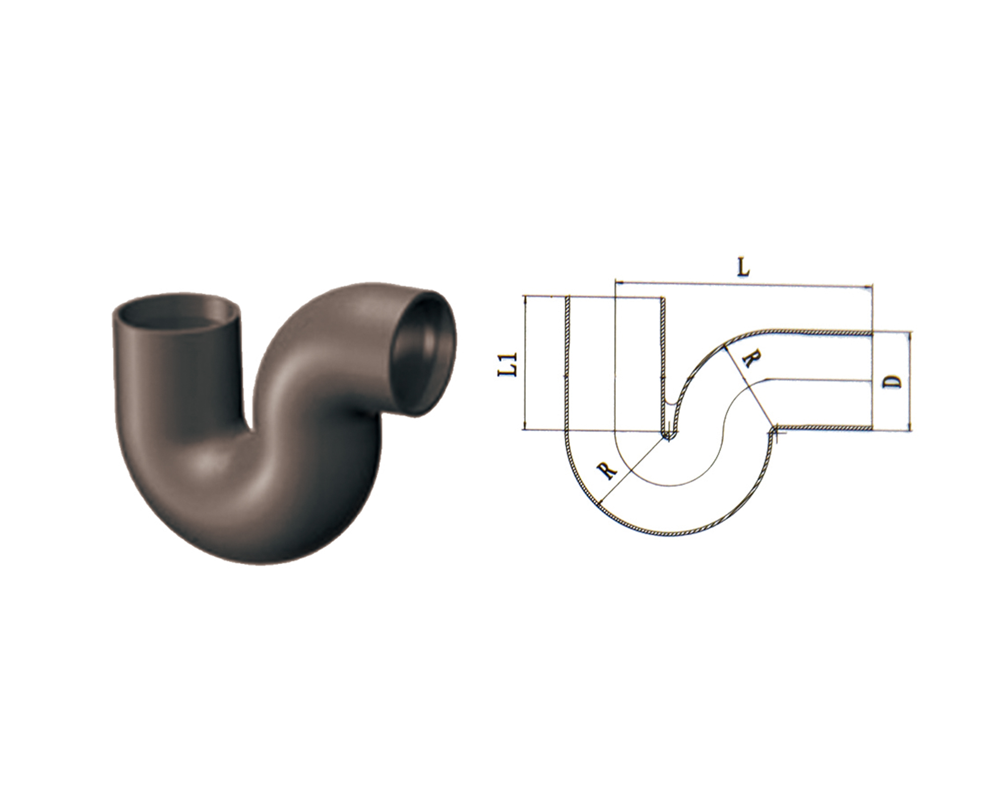 W1 P-Trap product photograph and diagram